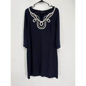Talbots Dress Womens M Navy Blue Rope Embroidered Sheath Nautical 3/4 Sleeve